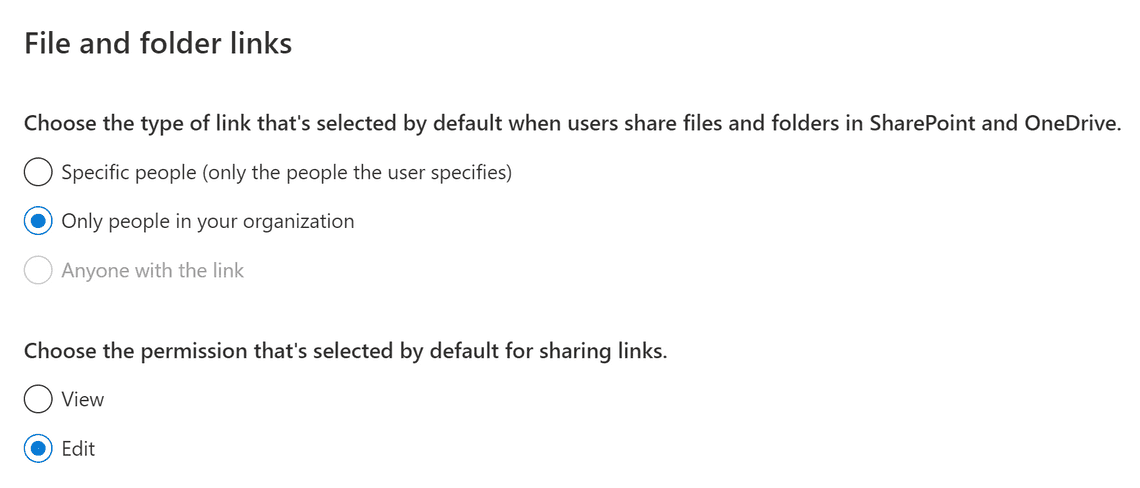 Figure 3: Default sharing link in SharePoint Admin Center